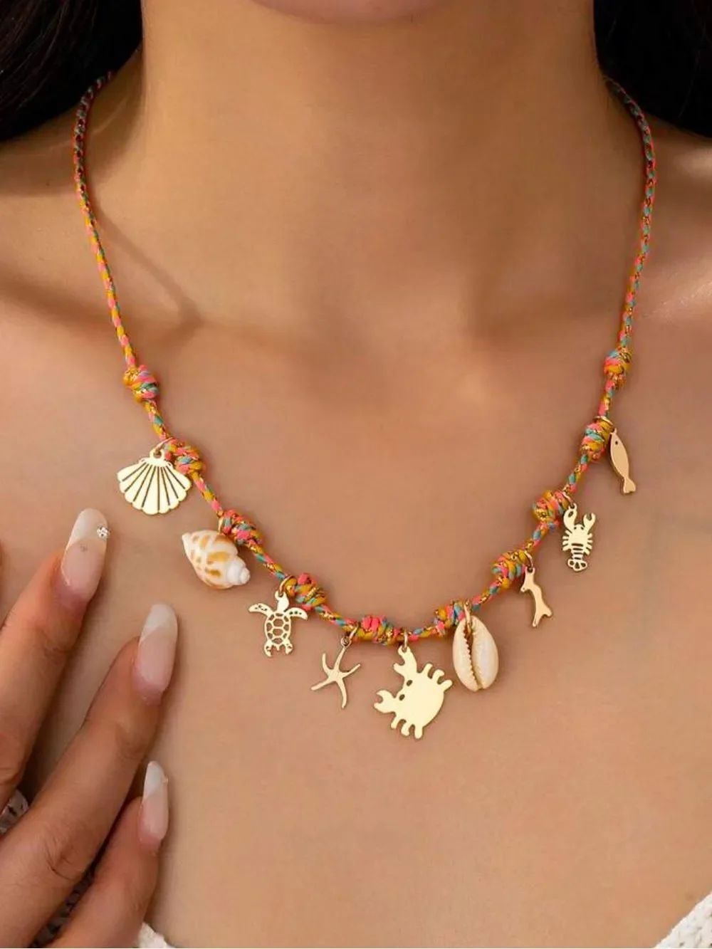 Gold Sea Charm Multicolor Cord Necklace D796
